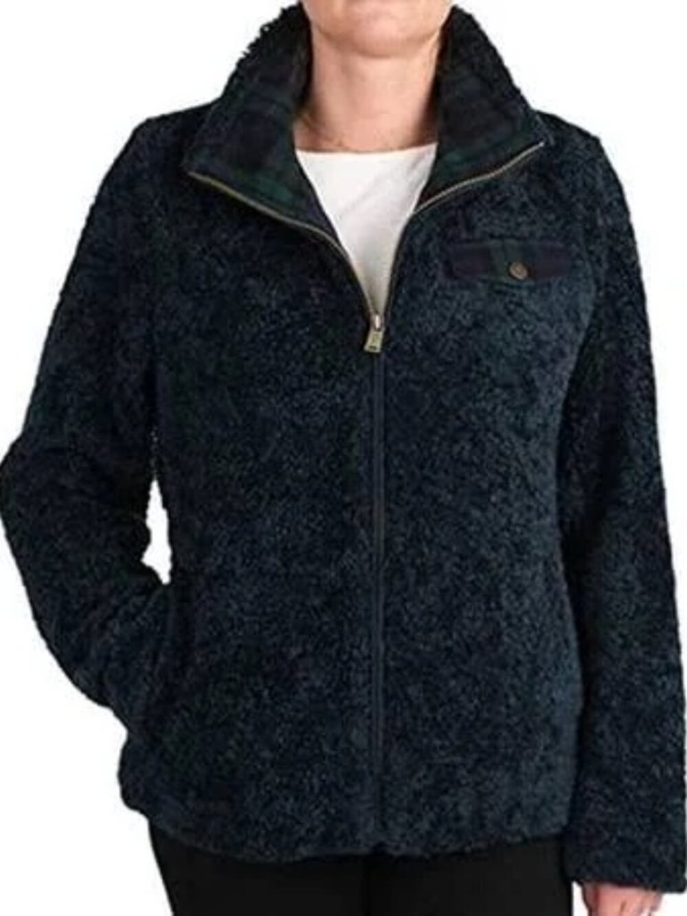 Pendleton Navy Plush Zip-Up Teddy Jacket with Tartan Lining